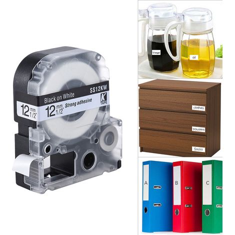 Schwarzes Etikettenband auf weißem Grund, 12 mm x 8 m, kompatibel mit Kingjim Epson LW400/LW600/SR230C/SR230CH/SR530C/SR550C Druckern (1/5)