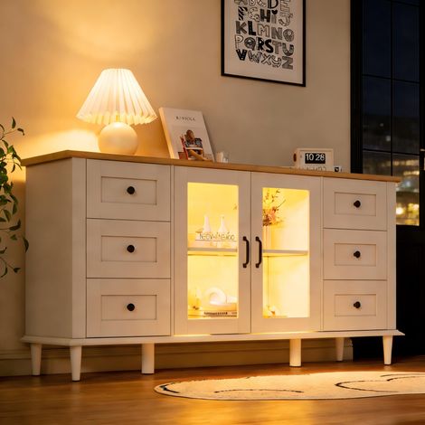 Aparador de salón 150x40x75 cm, mueble de almacenamiento con 2 puertas de acrílico y 6 cajones con LED integradas, Blanco y Madera (1/5)