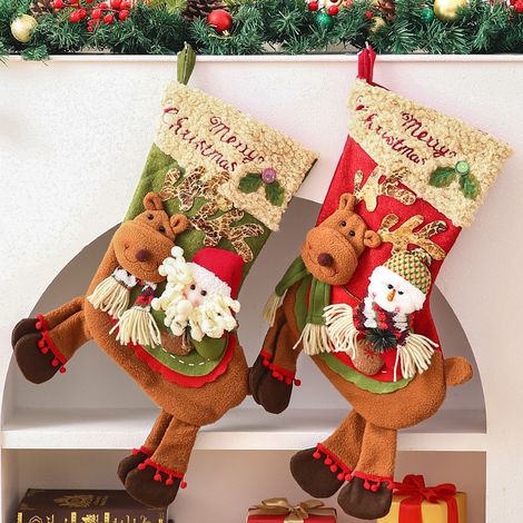 Paquete de 2 calcetines navideños, tamaño 42 cm: Papá Noel/muñeco de nieve sobre un reno, decoración navideña para colgar en el árbol de Navidad. (1/3)