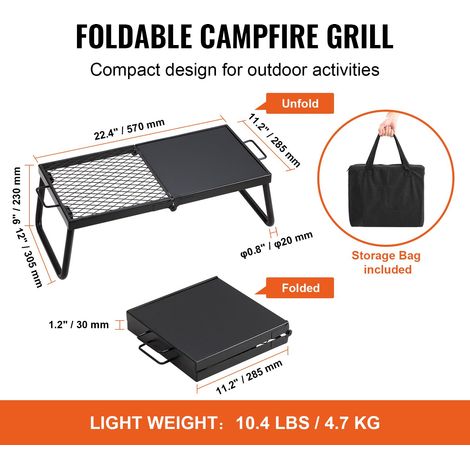 Grille barbecue pliable sur feu de camp, grille maille acier robuste 57cm, gril transportable avec pieds et sac, plaque cuisson outdoor flammes ouvertes (1/5)