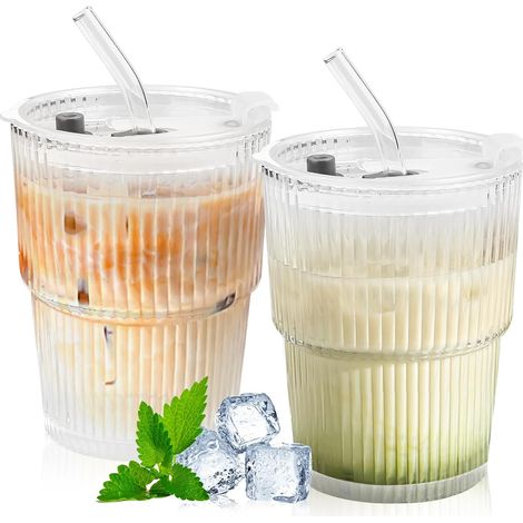 Lot 2 Verres Matcha 400ml, Couvercle + Paille, Smoothie/Café/Lait/Thé/Cocktails/Whisky, Étanche (1/5)