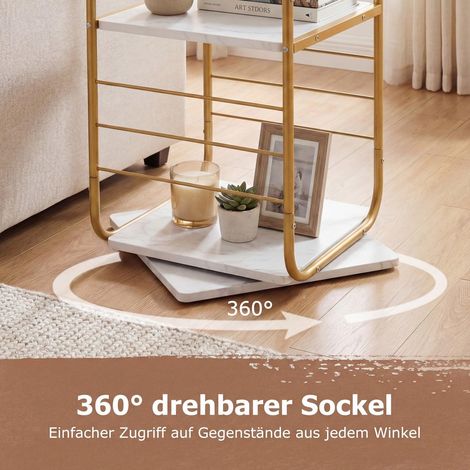 Estantería giratoria de 4 niveles con estructura metálica, color oro/blanco.
