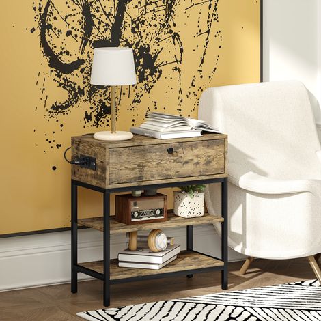 Table d'appoint avec tiroir et 2 étagères, 2 prises électriques et 2 ports USB, style industriel, 60 x 30 x 66,5 cm, marron rustique (1/5)