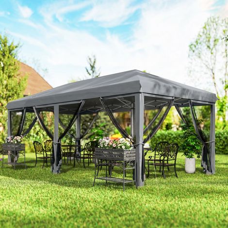 Tonnelle de jardin pliable 6 x 3 m avec 6 moustiquaires et bouton-poussoir, en acier et polyester, grise (1/5)