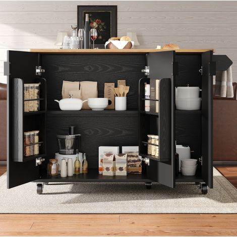 Mobile cucina isola mobile 130 x 45/75 x 92 cm, 3 ante, nero HAVRYA (1/5)