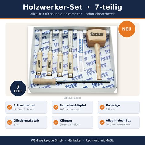 FORUM Holzbau-Werkzeugsatz 7-tlg. Stechbeitel Klüpfel Feinsäge Gliedermaßstab (1/2)