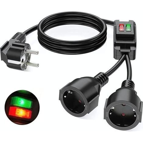 Doppelverlängerungskabel mit Schalter, 16A 250V, 4000W, 2m, 2 Schuko-Steckdosen, Gummiverlängerungskabel für den Außen- und Innenbereich (Küche, Büro) (1/5)