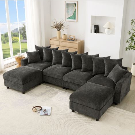 Divano angolare modulare 6 posti a U o L con 2 pouf, USB e Type-C, ciniglia grigia (1/5)