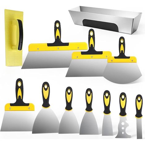 12 Pièces Set Spatule Acier, avec poignée en plastique pour cloisons sèches, plâtrage, retrait du papier peint avec boîte à mastic en acier inoxydable (1/5)