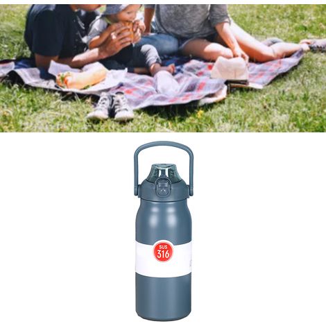Gourde isotherme portable en acier inoxydable de 1000 ml avec poignée et paille, idéale pour le sport en extérieur. Couleur : bleu paon. (1/5)