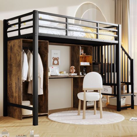 Lit mezzanine 90x200 cm métal noir avec armoire, étagères escalier et bureau intégré, sans matelas (1/5)