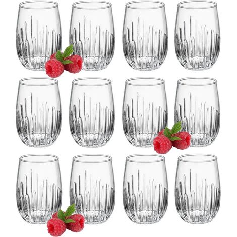 Juego de 12 vasos para bebidas, agua, cócteles, Leyla 370 ml, forma de barril, estriados, patrón 1 (1/5)