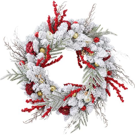 Couronne de Noël blanche givrée de 18 pouces, avec des branches de pin, des roses rouges, des baies rouges et des boules décoratives dorées, décoration festive pour porte et mur pour créer une ambianc (1/5)