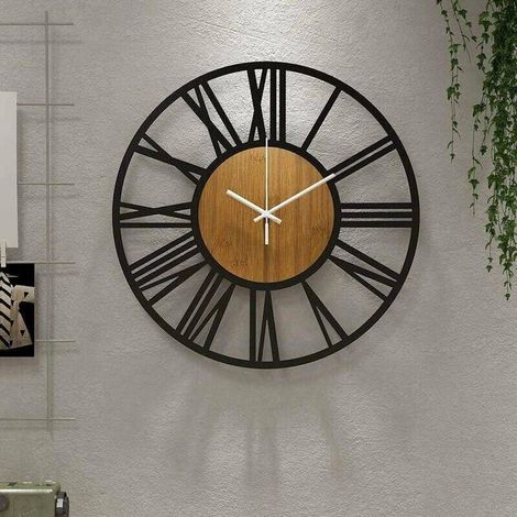 El café - Reloj de pared redondo grande de madera negra de 40 cm para decoración de sala de estar, números romanos retro, silencioso, no hace tictac, adecuado (1/5)