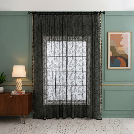 Cortina moderna de encaje floral bordado, cortina decorativa para salón y dormitorio, color negro, 200 cm de alto x 100 cm de ancho. (1/5)