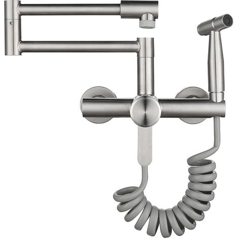 Robinet Mural Cuisine Avec Douchette, Matériau En Acier Inoxydable 304, Mode Double Sortie, Robinet Evier De Cuisine Mitigeur Mural Cuisine Avec Douchette (Nickel Brossé) (1/5)