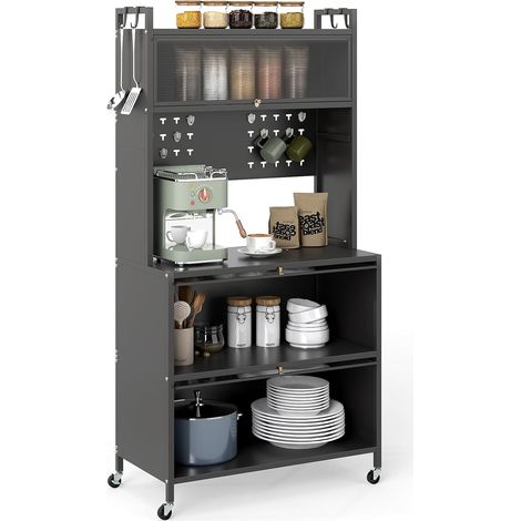 Costway – Meuble de cuisine à roulettes 5 niveaux – Étagère en métal avec portes battantes et 10 crochets – Dimensions 80 x 40 x 164 cm – Support micro-ondes gris (1/5)