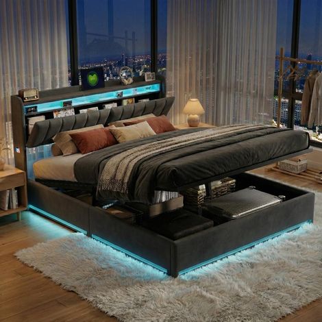 Lit coffre double 160x200, Lit adulte avec LED RGB et USB – sommier à lattes, revêtement en velours, design – Beige (1/5)