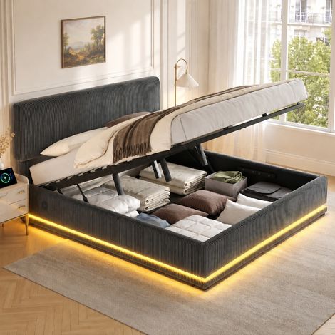Lit capitonné 180x200 gris en velours côtelé avec rangement, tête de lit réglable, éclairage LED et port USB - Lit double adulte moderne (1/5)