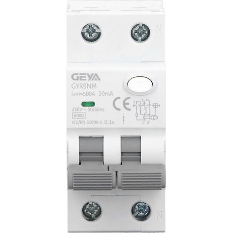 Disjoncteur différentiel GEYA avec protection intégrée contre les surintensités, courant nominal de 30 mA, 1P+N