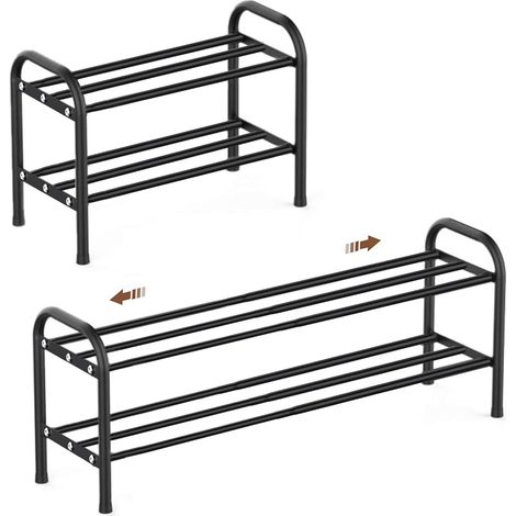Étagère à Chaussures, étroite, Extensible, Peu encombrante, réglable, Petite, en métal, Noire, Rangement de Chaussures, pour l'extérieur, Le Camping, Le Couloir (3 Niveaux) (2 étages) (1/5)