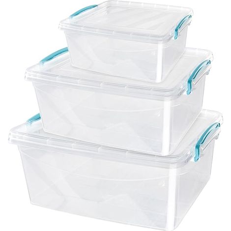 JVL Plastic Clip Lidded Food Storage Box, Stackable & Nestable, Set of 3, 1.6L, 3L, 5L (1/5)