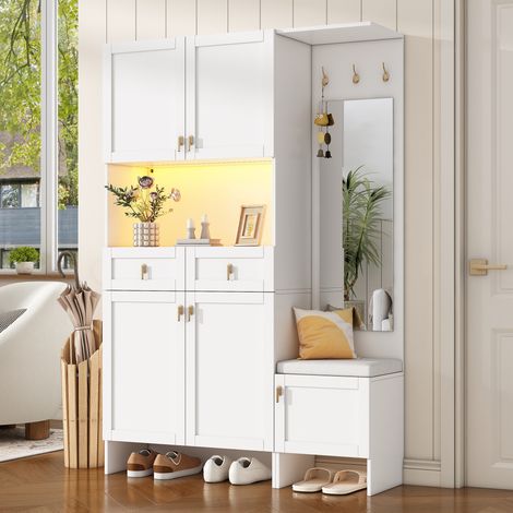 Garderobenset aus Spanplatte, weiss, mit 3 Haken, 120 x 33,5 x 180 cm, mit Spiegel, 2 Schubladen und Schuhschrank (1/5)