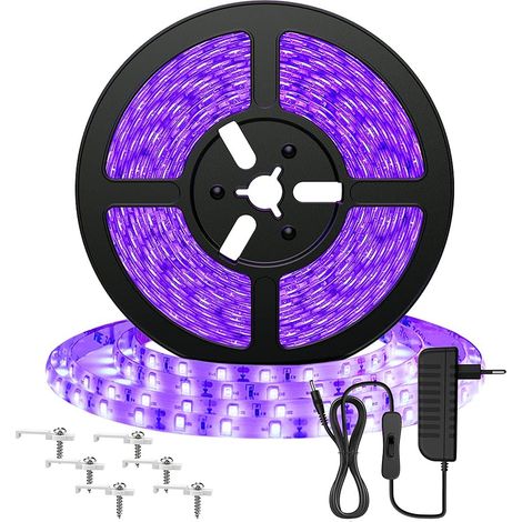 Striscia LED UV da 5 m, striscia LED a luce nera, striscia LED viola 2835 da 12 V, illuminazione atmosferica ultravioletta da 300 LED per Halloween, Natale, feste con DJ, discoteca, body painting, ver