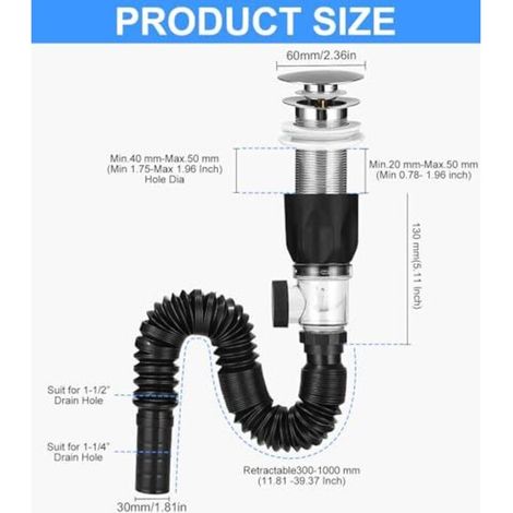 Kit de desagüe para fregadero, sifón con tapón de desagüe con filtro emergente y manguera de desagüe flexible, retráctil de 300-1000 mm, para baño y cocina, resistente a olores e insectos. (1/3)