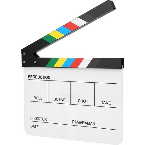 Clap de cinéma en acrylique organique 30x25CM, outil de prise de vue pour réalisateur (tableau blanc à rayures colorées (PAV1CWE3)) (1/5)