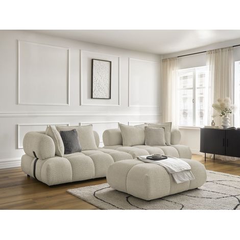 BOBOCHIC - Canapé droit fixe 4 places ALYA tissu bouclette avec pouf Beige (1/5)
