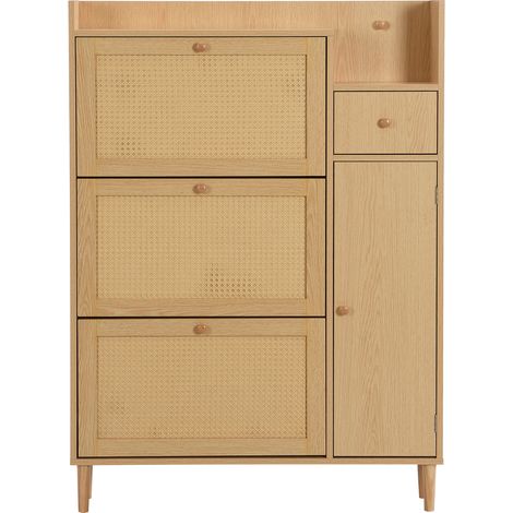 Meuble à chaussures en bois et rotin avec 3 portes basculantes et 1 tiroir – pieds et poignées en bois massif – 90x125x17 cm – couleur naturelle (1/5)