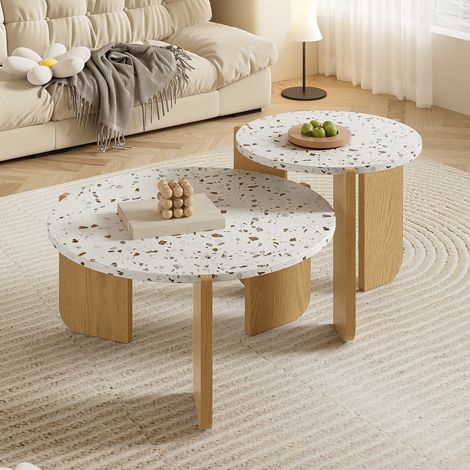 Set di 2 tavolini da salotto, tondi, 70 cm, con piano di design, piedi in legno, per soggiorno, sala da pranzo - Marrone