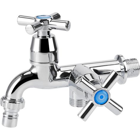 Robinet Double Sortie G1/2 Avec Poignée Croisée Pour Lave-Linge Et Lavabo - Finition Chrome - 1 Pièce (1/5)