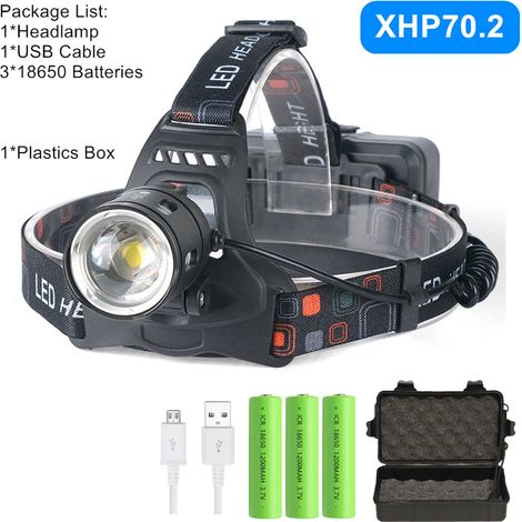 (Pack H) Lampe frontale LED puissante XHP70.2 XHP50.2 avec zoom, lampe torche, batterie 18650 rechargeable par USB, lanterne de pêche (1/5)