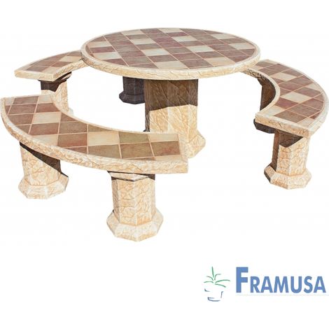 CONJUNTO COMEDOR PIEDRA CIRCULAR JARDIN SENIOR GRES CON AZULEJOS OCRE