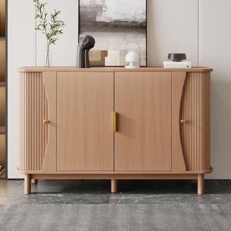 Credenza bassa, 140x40x88 cm, madia per soggiorno, ingresso e sala da pranzo, con 2 ante scorrevoli a doghe e ripiano regolabile, naturale (1/5)