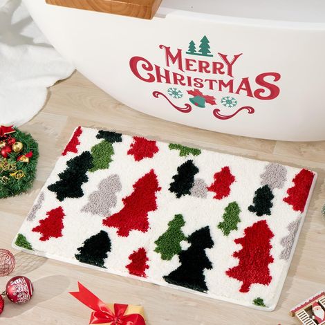 CCYKXA Graue, rote und grüne Badematte mit Weihnachtsbaum-Motiv winterliche Badematte rutschfest und saugfähig 80 x 50 cm (1/5)
