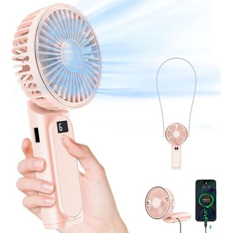 Ventilateur portable, rechargeable 3600mAh, réglable à 180°, 6 vitesses, pliable, rose (1/5)