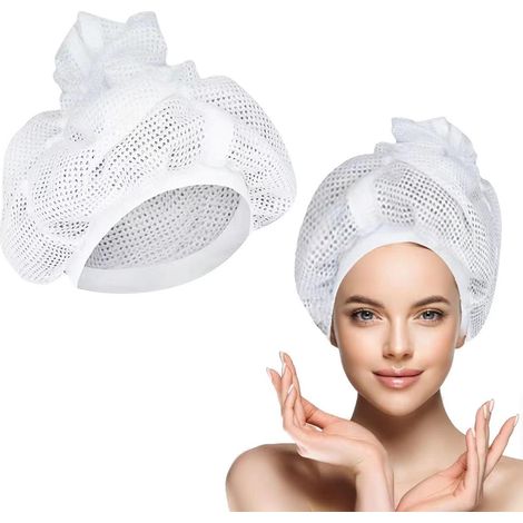 Bonnet de séchage en filet pour cheveux bouclés, avec cordon de serrage, bonnet plopping en maille, casque diffuseur satiné, accessoire coiffure, séchage sans chaleur, taille unique, blanc, 1 pièce. (1/5)