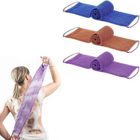 Lot de 3 serviettes gommage dos - Couleurs violet, bleu, café - 14x75cm - Idéales pour douche et bain (1/5)