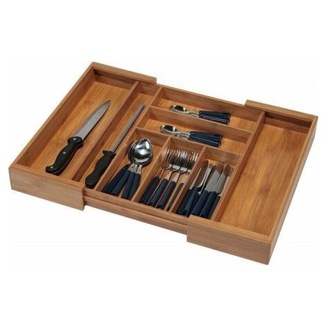 Range couverts extensible en bambou naturel – Largeur 35 à 58 cm – Hauteur 6,5 cm – 6 à 8 compartiments pour tiroirs standards (1/4)