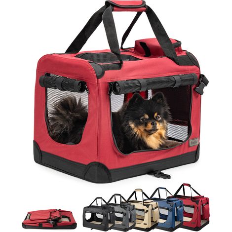 lionto Hundetransportbox faltbar, stabile Stoffbox mit Mesh-Einsätzen, ideal für Auto, Reise & Tierarzt, 50x34x36 cm, dunkelrot