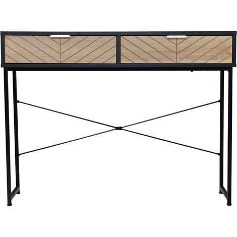 Console étroite noir et chêne avec 2 tiroirs et lignes sculptées au design moderne, meuble sobre pour entrée et couloir pratique et décoratif