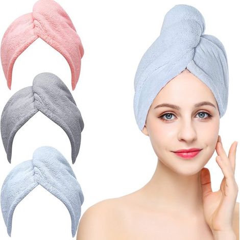 Asciugamani ad asciugatura rapida per donna, morbidi, leggeri e ad asciugatura rapida, adatti a capelli ricci e lunghi – 3 pezzi (blu/grigio/rosa), indispensabili (1/2)