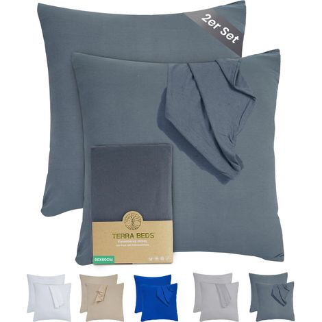 Taie Oreiller 60x60 Lot de 2 100% Coton Jersey 160 g/m² Taie Oreiller 60x60 avec Fermeture éclair Extensible Doux et Respirant Gris Anthracite (1/5)