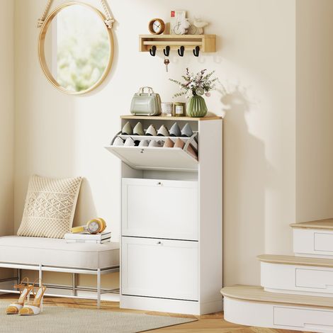 Armoire à chaussures style scandinave 3 portes abattantes 18 paires 60×23,5×115 cm Blanc aspect bois