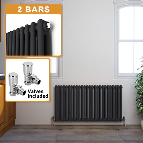 ELEGANT 600 x 1190 mm Traditional Radiator Cast Iron Style Radiator Anthracite 2 Column Radiators + Angled Radiator Valves (1/5)