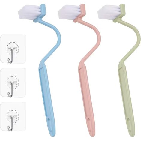 Lot de 3 mini brosses WC courbées avec nettoyeur de bords, 3 crochets adhésifs, brosse WC pratique sous bord, petite brosse de nettoyage pour toilettes pour salle de bain, nettoyage en profondeur (1/5)