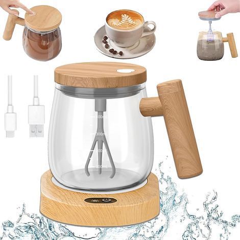 Mug mélangeur électrique auto-mélangeur avec base et couvercle chauffants - Mug mélangeur en verre haute vitesse pour le café, les voyages et le bureau - Étanche, tige amovible (1/5)